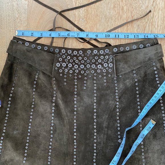 BCBG MAX AZRIA Suede A-Line Midi Skirt Side Zip Laces Studs Size 4 Knee Length - Picture 11 of 14